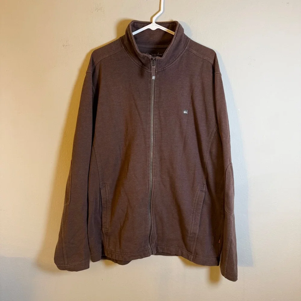Quiksilver Mens XL Brown Full Zip Track Jacket Mock Neck Elbow Pads Cotton Blend